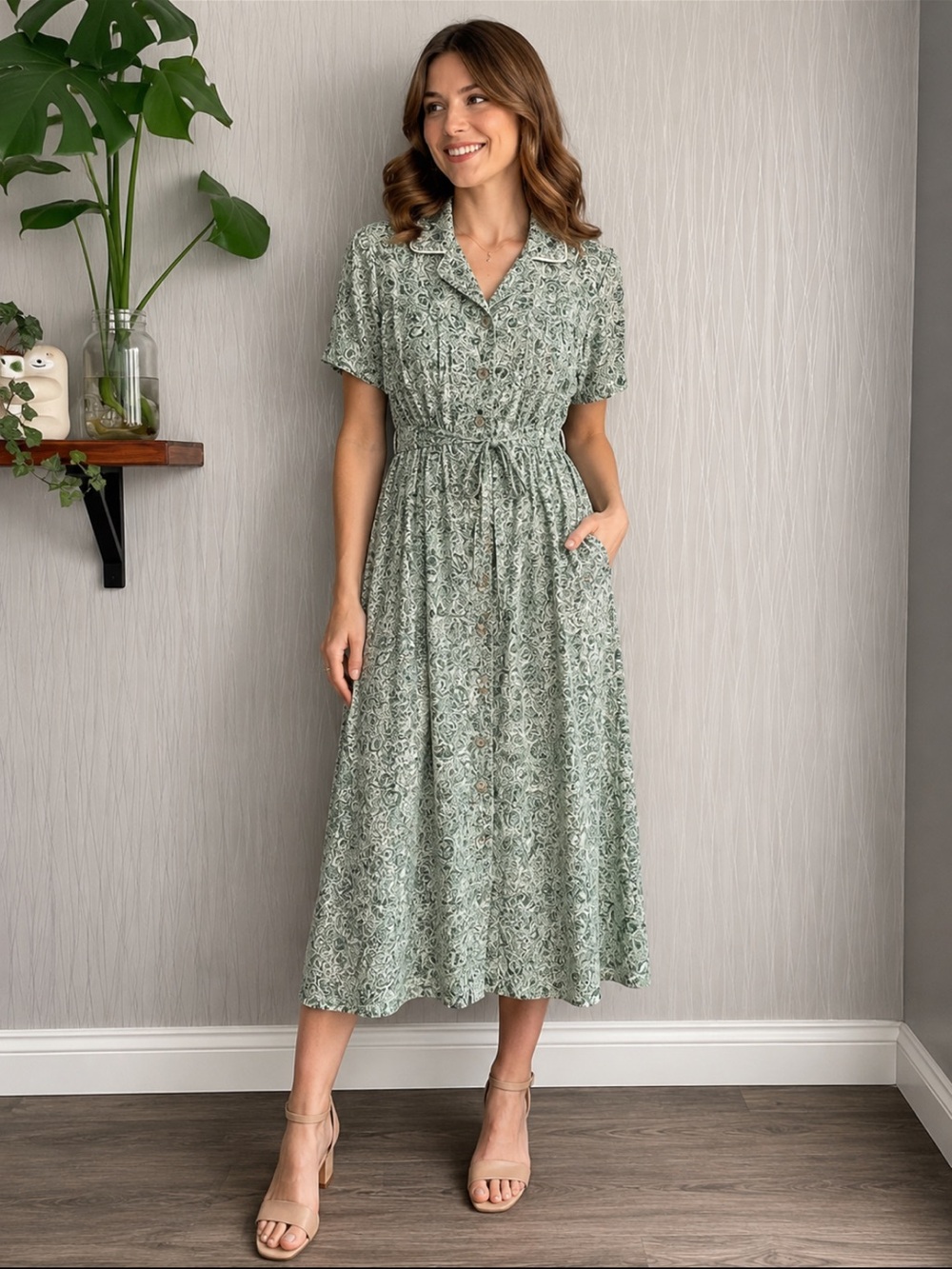 Danny & Nicole Vintage Green Floral Prairie Midi Dress Cottagecore Button Front